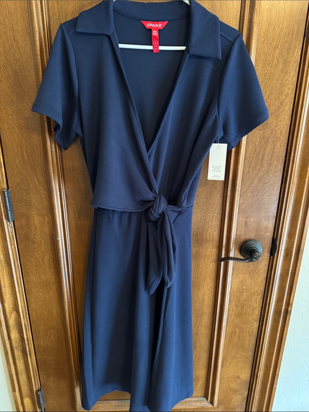 SPANX Navy Short-Sleeve Wrap-Tie Midi Dress